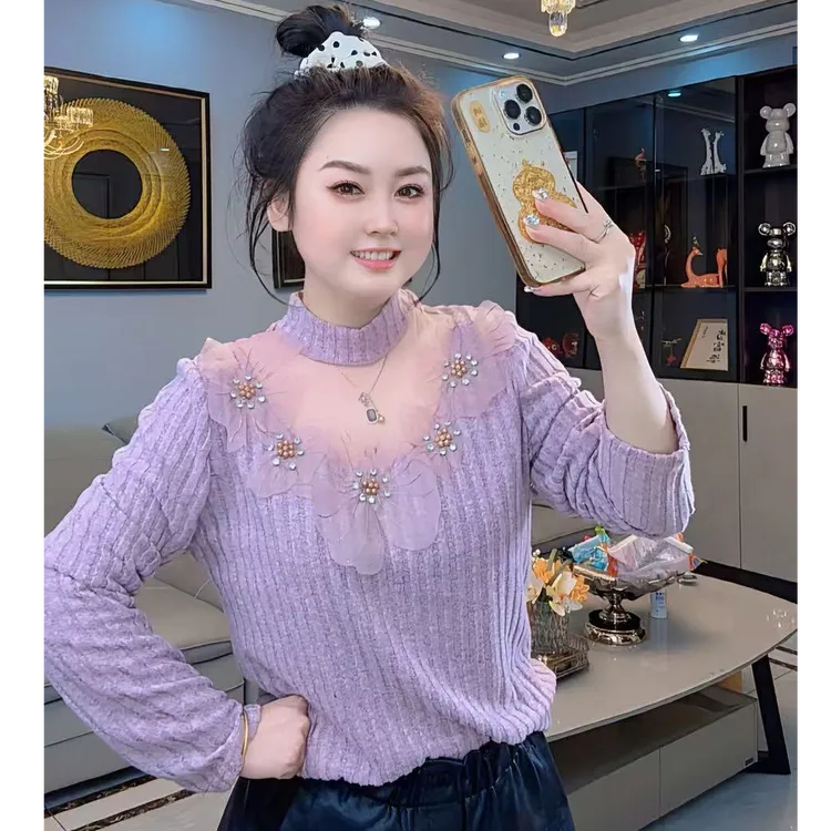 立体花朵珠钻长袖上衣显瘦洋气遮肚子显瘦别致独特T恤