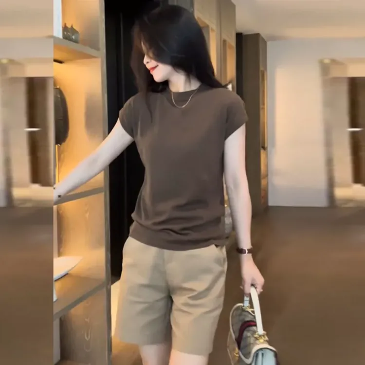 洋气减龄纯色圆领短袖夏季针织衫女薄款冰丝百搭时尚套头T恤上衣