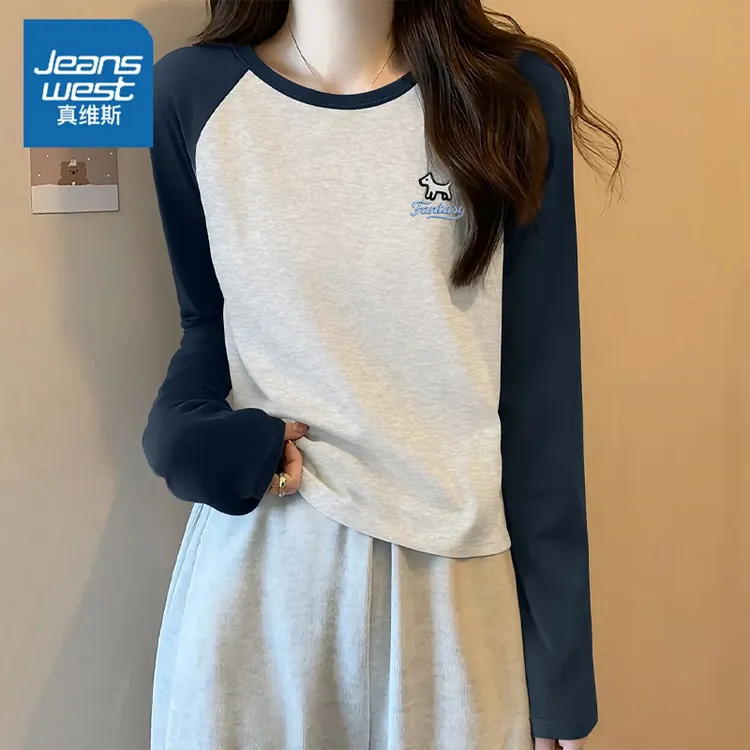 真维斯 美式撞色长袖t恤女2025新款秋季外穿初中生正肩夏季上衣服