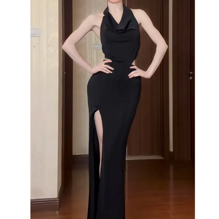 【薄荷雪糕】法式晚宴开叉小黑裙礼服裙设计感小众荡领挂脖连衣裙女