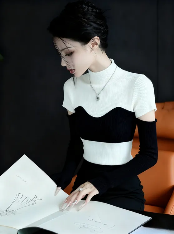 早秋巨好看轻熟上衣设计感巨好看独特漂亮气质高端黑白撞色针织衫