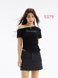 抽褶抗起球字母露背短袖T恤显瘦夏季露脐辣妹【E区套装】 7162 套装