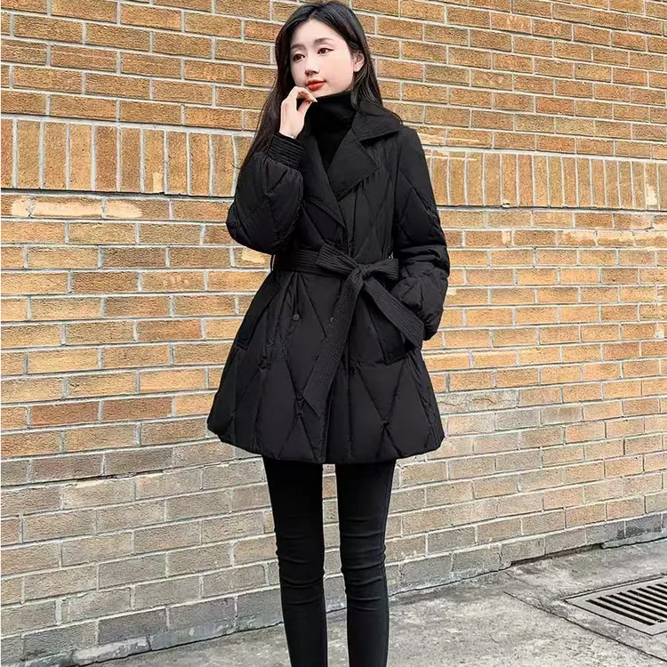 2025新款冬季女装收腰显瘦中长款羽绒棉服黑色小个子西装外套ins