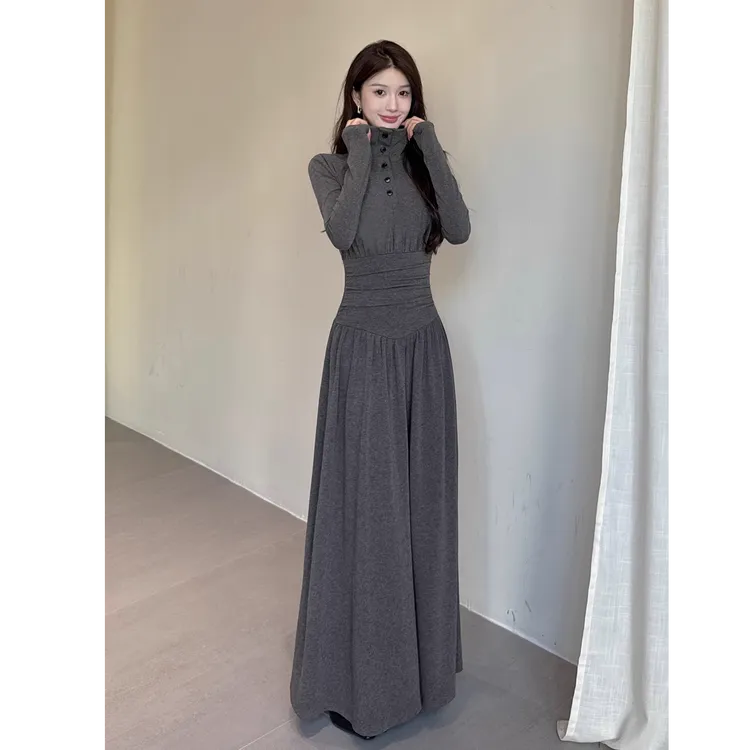 原版面料原版品质气质复古 polo高领秋冬连衣裙修身褶皱A字长裙
