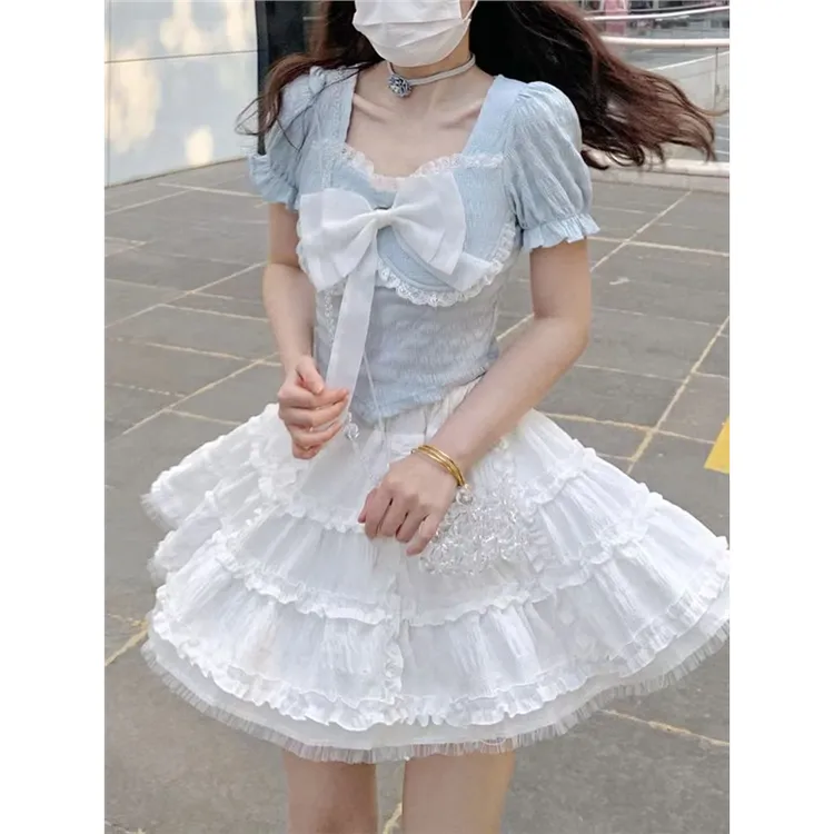 Blovelan波尔卡茶会 法式方领温柔风甜美收腰薄款上衣女夏季新款