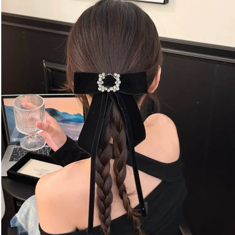 秋冬韩系黑色蝴蝶结飘带发夹女气质千金感发饰后脑勺盘发夹头饰