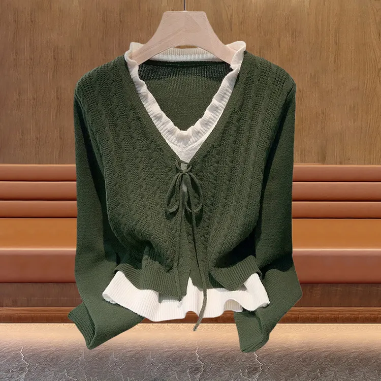 2025秋冬韩系V领假两件针织衫女绿色系带荷叶边百搭显瘦洋气毛衣