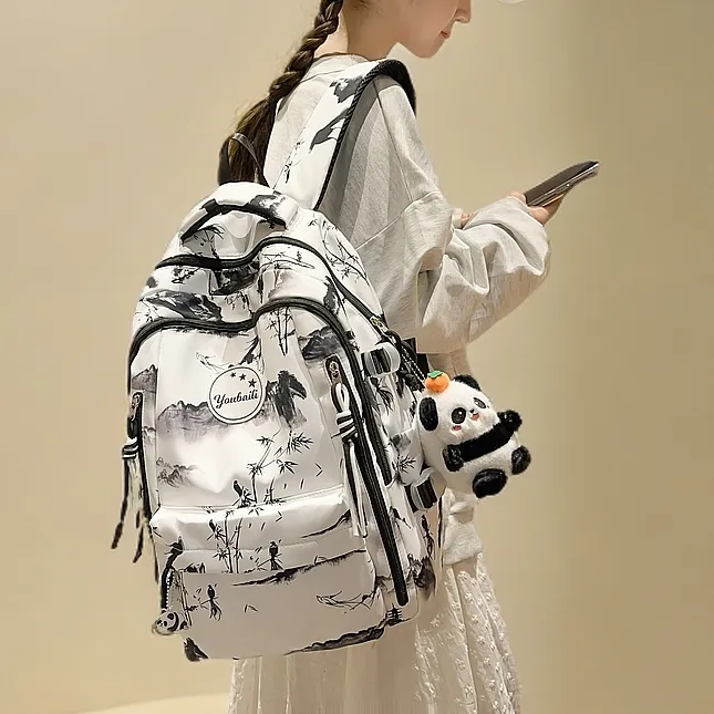 韵墨国风双肩包女大容量休闲包森系书包女生大学生高中初中生背包