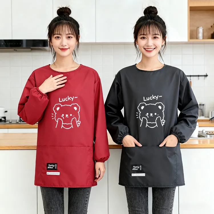 卡通短款小个子防泼水长袖围裙耐穿厨房做饭罩衣可定制logo工作服
