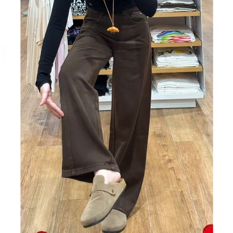 秋冬美拉德弯刀牛仔裤女秋冬款梨形小个子宽松显瘦加绒窄版阔腿裤