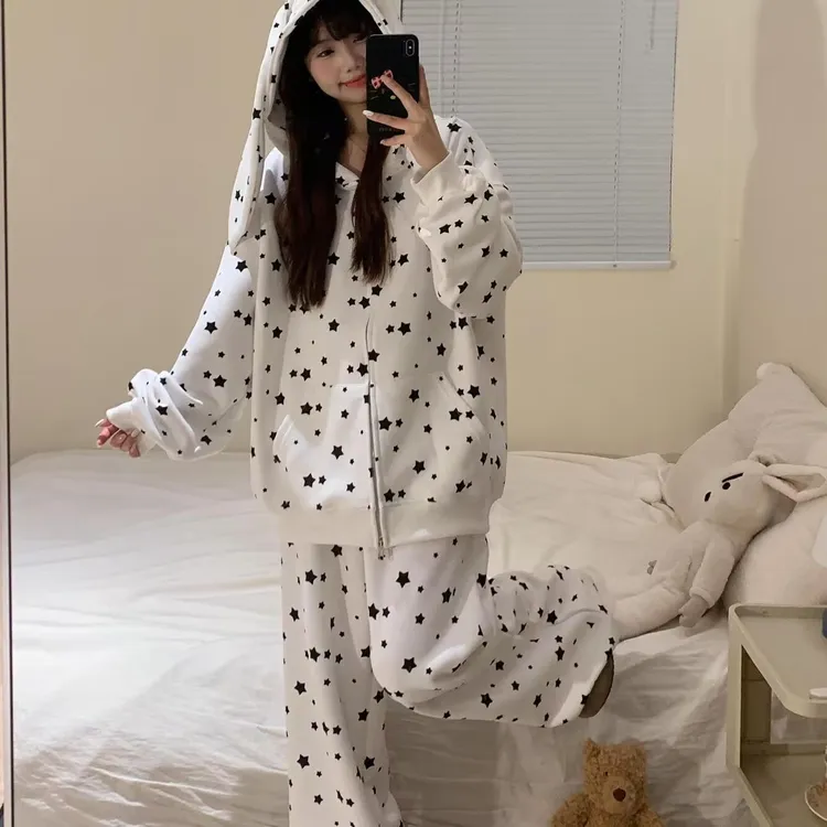 星星连帽兔耳朵家居服新款秋冬季德绒加厚可爱睡衣女卡通甜美套装