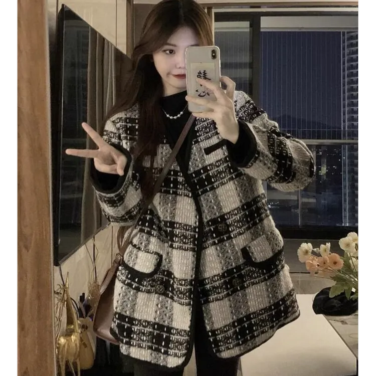 La Chapelle/拉夏贝尔时尚百搭气质衣服格子冬装外套短款女小香风