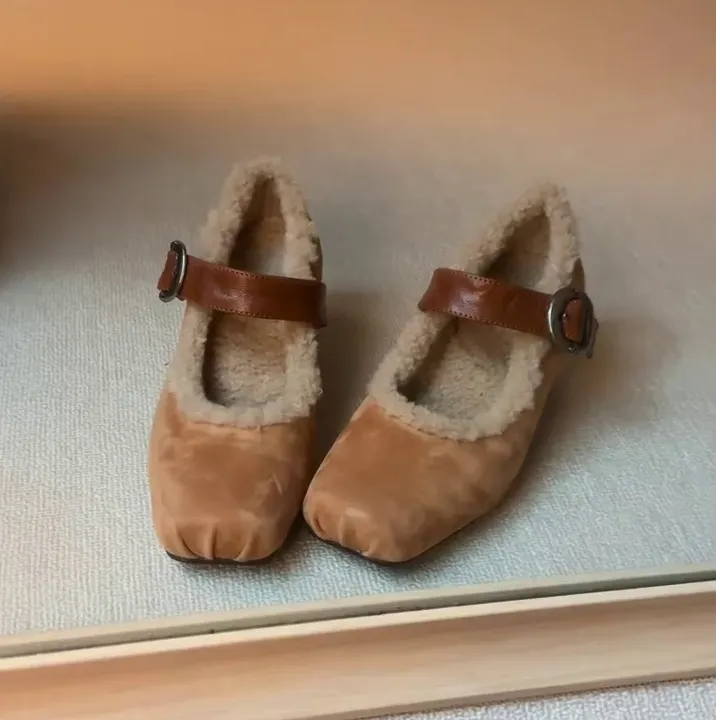 法式方头冬季玛丽珍鞋5.5cm内增高猪鼻精致加绒保暖浅口毛毛鞋