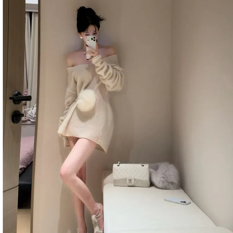 气质显瘦露肩长袖性感辣妹连衣裙洋气休闲百搭外穿时尚连衣裙女