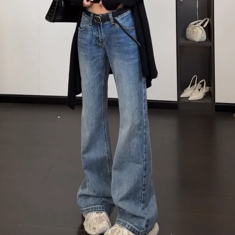 2025新款美式低腰季微喇牛仔裤早秋女复古百搭直筒长裤LK2505567
