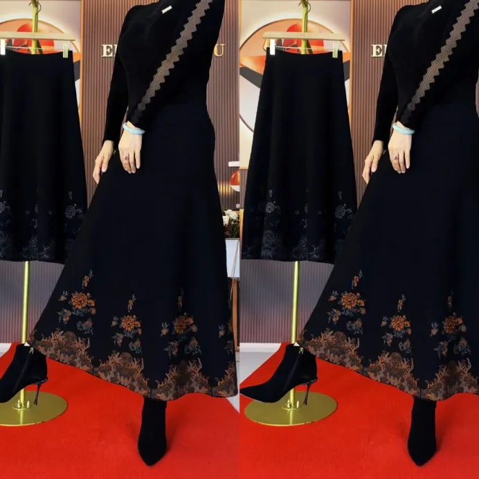 2515#织花针织大摆裙高腰修身显瘦黑色秋冬女士半身裙（没有口袋）