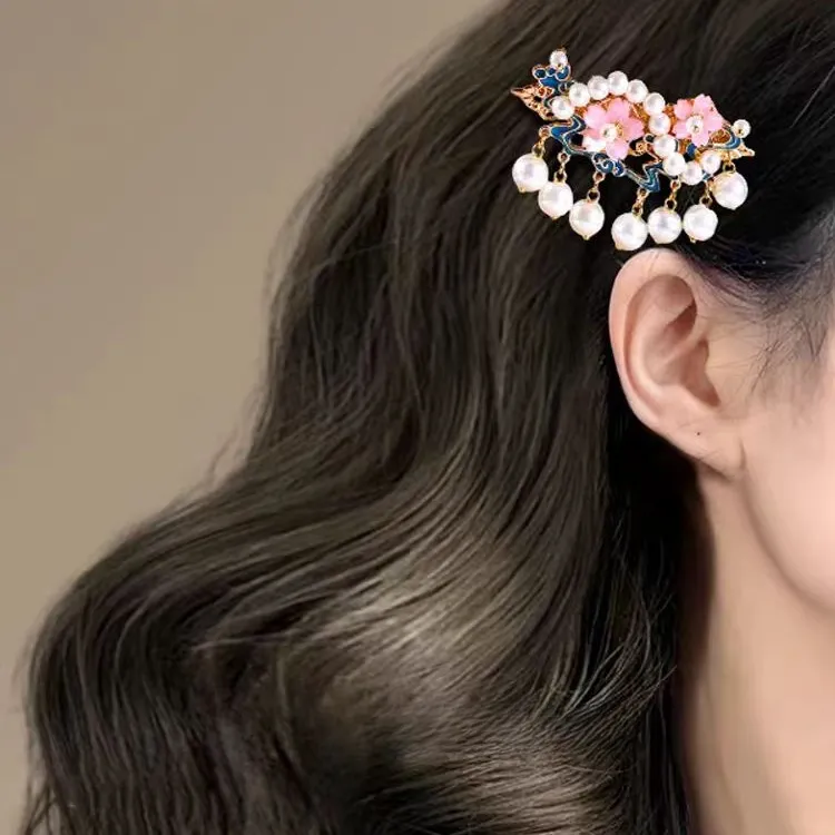 国风浪漫烧蓝流苏花朵珍珠边夹汉服侧边夹发夹古风发饰盘发器女