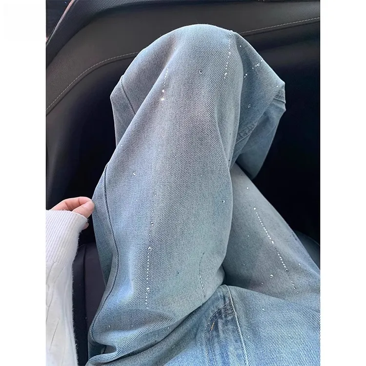 浅蓝重工烫钻牛仔裤女2025新款设计感高腰显瘦窄版直筒阔腿裤8960