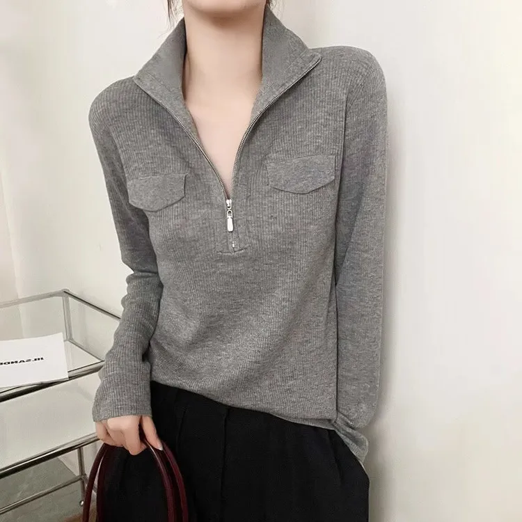 【专柜大码】2025秋冬新款套头纯色针织衫立领假口袋休闲上衣