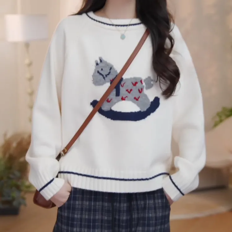 韩系卡通小马提花针织衫女2025秋冬慵懒松弛感百搭显瘦毛衣上衣潮