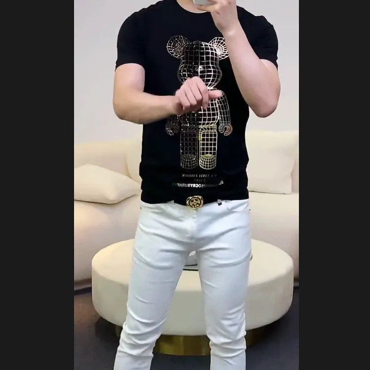 【卡来利轻奢】欧洲站烫钻机械熊圆领T恤衫男士莱卡短袖烫金半袖