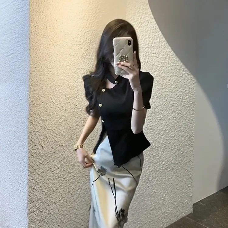 2025夏季新款时尚裙套装设计感小众短袖高腰玫瑰印花半身裙两件套