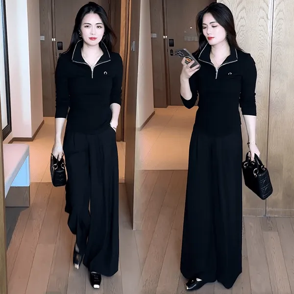 极简风时尚套装女2025秋季新款洋气减龄长袖T恤阔腿裤简约两件套