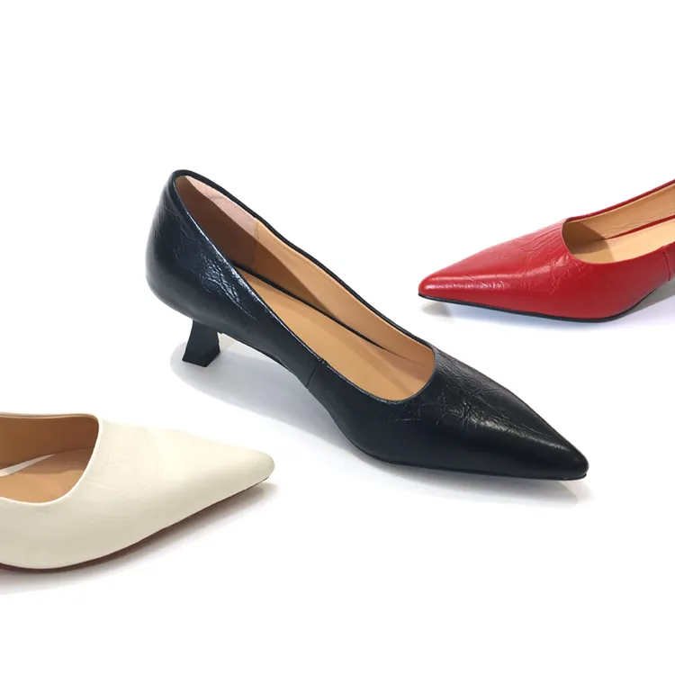法式牛皮气质猫跟尖头中跟单鞋职业柔防滑浅口百搭女单鞋ZY1137-1