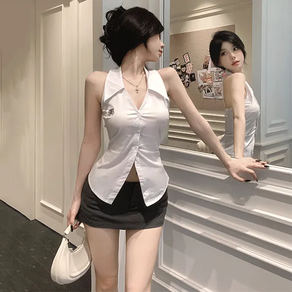JK性感收腰无袖衬衫辣妹纯欲修身上衣超短裙裤设计制服甜辣两件套