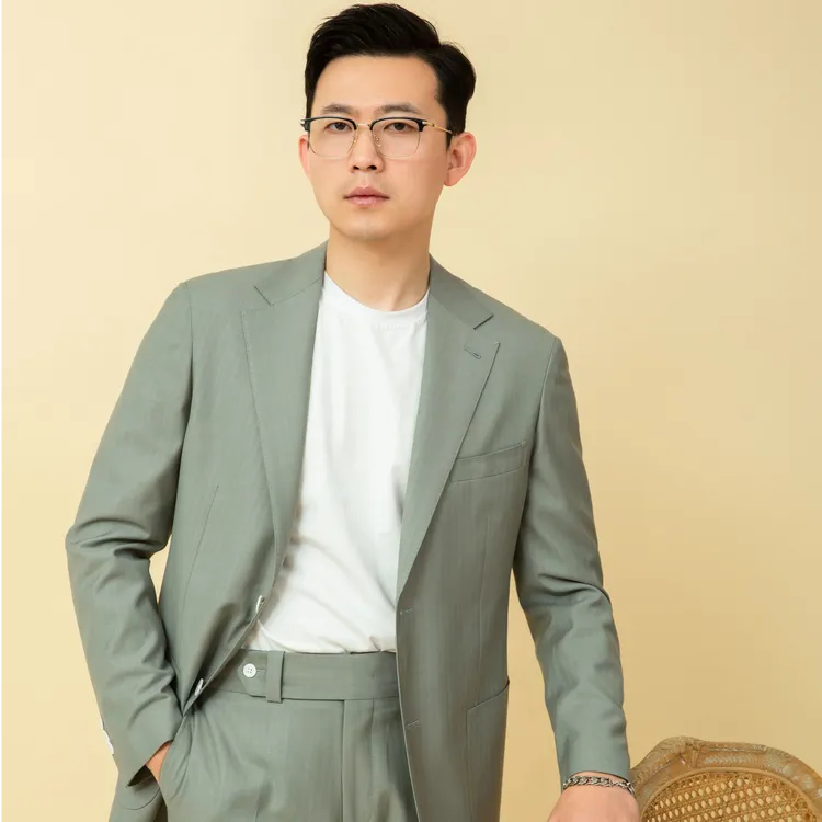 清雅绿鱼骨纹男士冰丝凉款薄款商务休闲修身平驳领西装套装