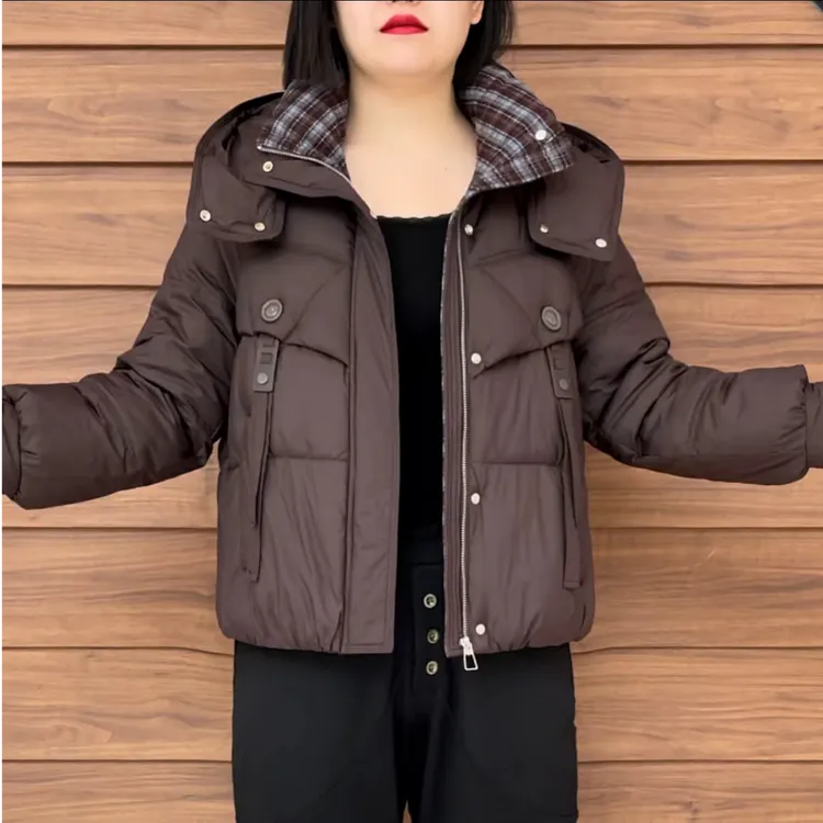 美25年冬季时尚休闲韩版短款连帽拼色格子（帽子可拆卸）厚款云绒服