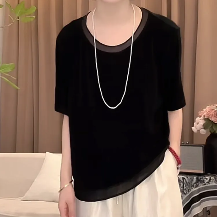 夏季时尚百搭复古国风设计感T恤女2025新款轻奢宽松高级感上衣