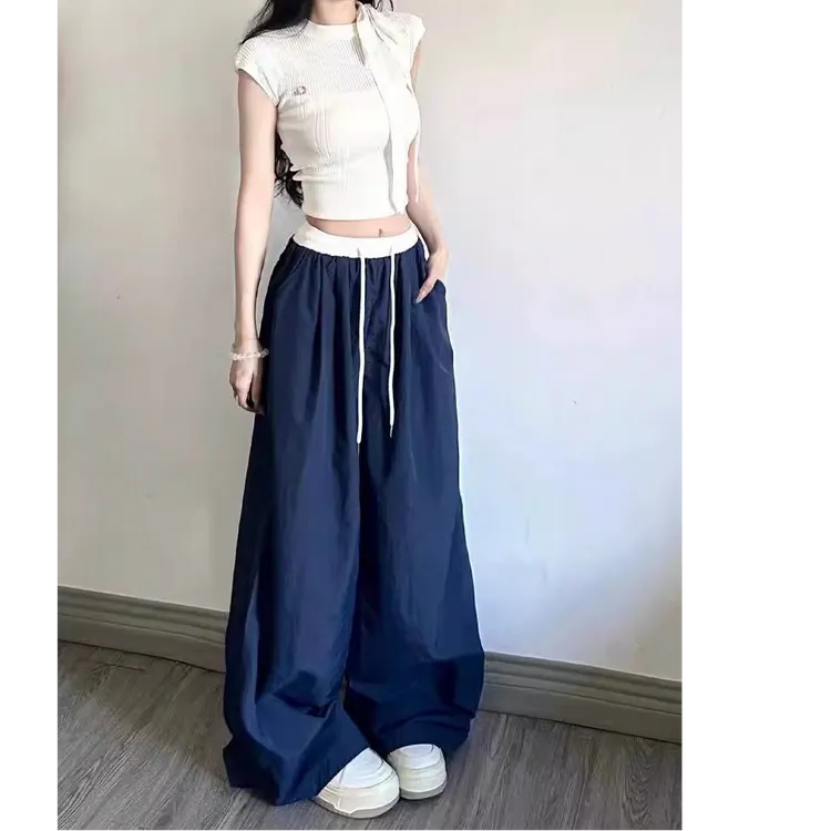 美式复古运动阔腿裤女款夏季慵懒松弛感裤子拼色宽松显瘦休闲裤WT