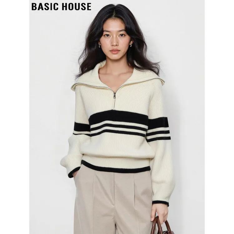 Basic House/百家好气质条纹大翻领长袖毛衣打底针织衫女2025秋冬