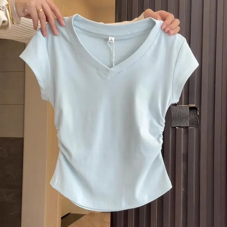 奶蓝色V领少女感正肩T恤夏季2025卡腰褶皱显瘦上衣女小众辣妹短袖