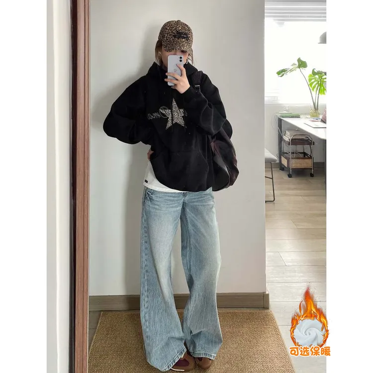 FALLME美式慵懒连帽加绒卫衣外套男女秋冬复古潮流宽松上衣