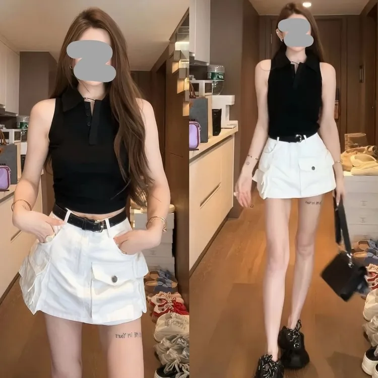 2025夏季时尚洋气韩系POLO领修身无袖背心显瘦工作牛仔短裙裤套装