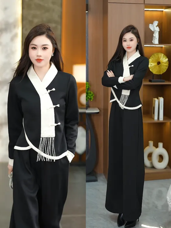 时尚新中式气质套装女秋冬新款复古加绒保暖显瘦上衣阔腿裤两件套