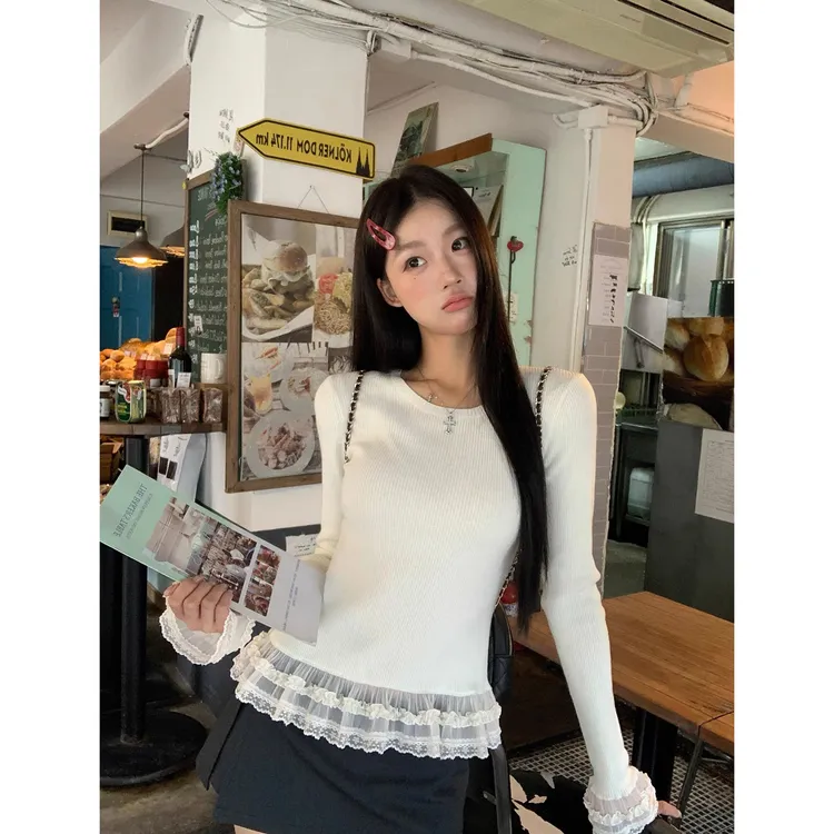 【圆圆脸专属】纯欲蕾丝拼接上衣女显瘦打底衫 Q 9252#