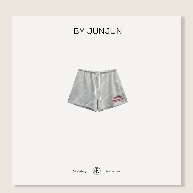 ByJunjun【美式小妞】字母刺绣短裤显瘦百搭抽绳三分裤