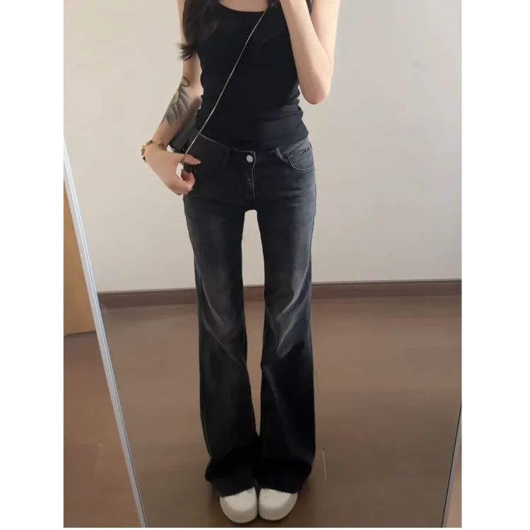 郑鱼鱼专属2025美式显瘦喇叭裤复古黑灰微喇牛仔裤女设计感百搭修身马蹄裤子