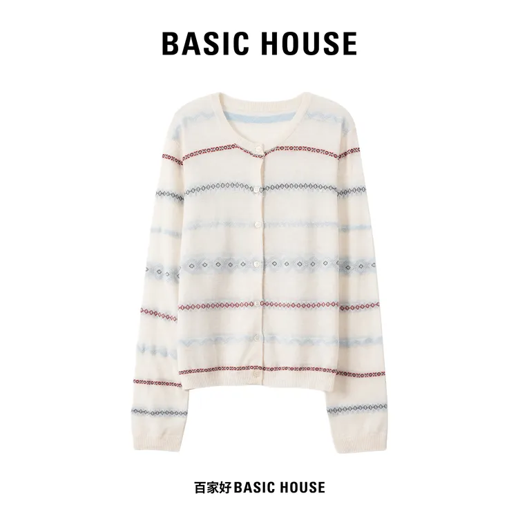 Basic House/百家好2025秋新款撞色拼接小香风圆领针织衫M242 XX