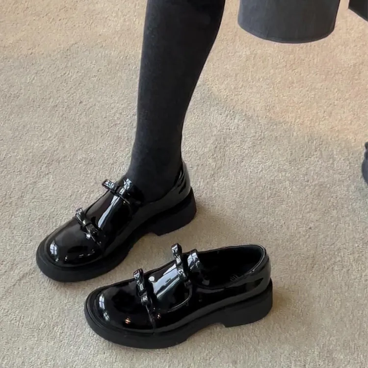 高级感~新款法式漆皮乐福鞋女粗跟一脚蹬双蝴蝶结百搭小皮鞋单鞋