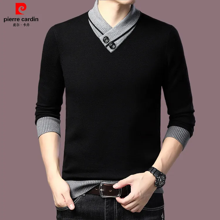 【皮尔卡丹官方正品】羊毛衫男秋冬加厚V领毛衣男装高档针织打底衫