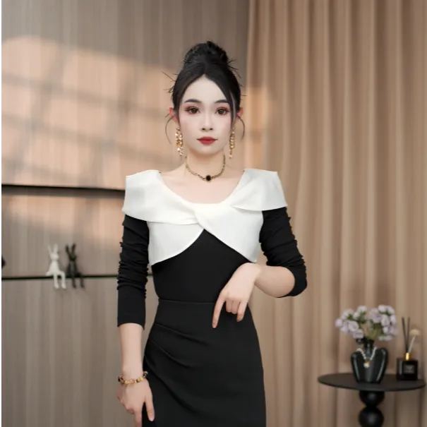 时尚撞色蝴蝶结长袖T恤女装秋季新款洋气百搭修身显瘦打底衫上衣
