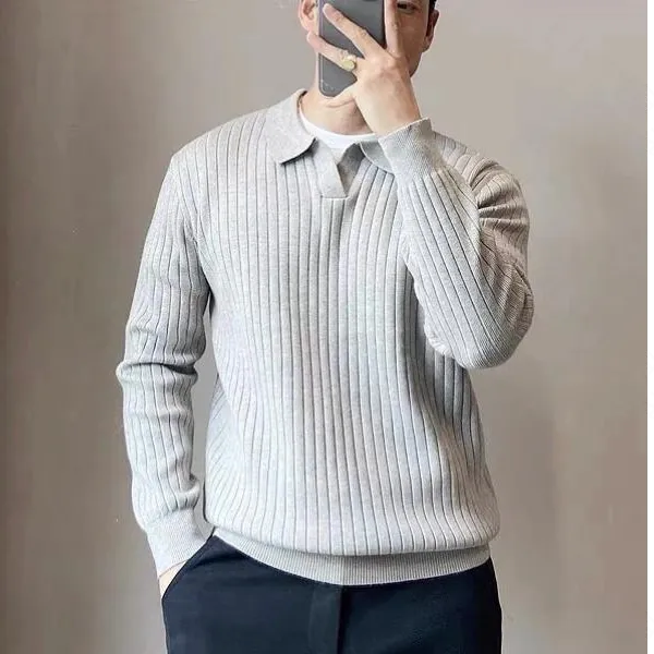 翻领男生毛衣纹理弹力宽松春秋新款轻熟风条纹藏青轻熟风男士毛衣