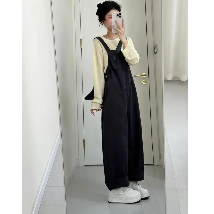 背带裤套装时尚韩系艺术生宽松显瘦连体小个子长裤搭配针织上衣女