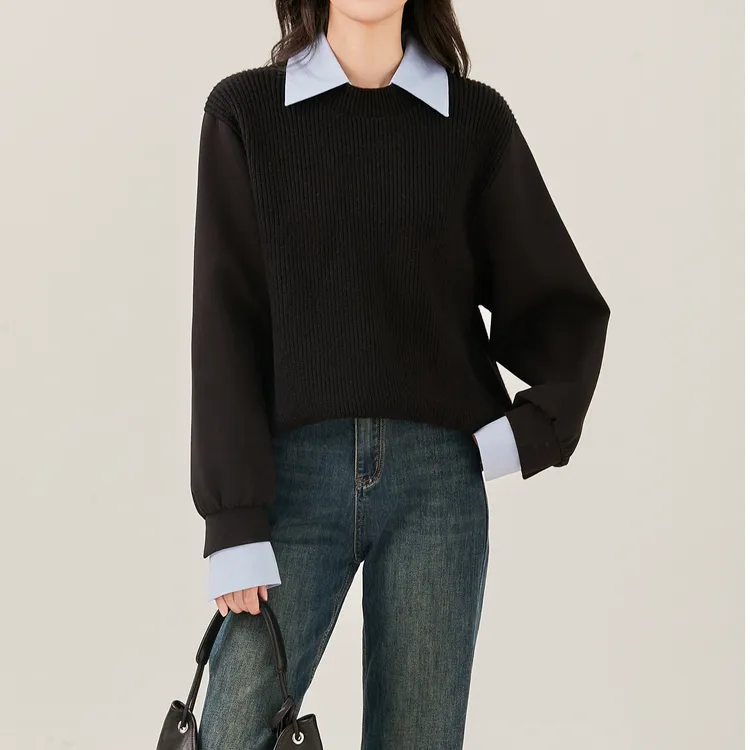 假两件黑色卫衣女衬衫领时尚小众设计感显瘦秋季新款拼接套头上衣