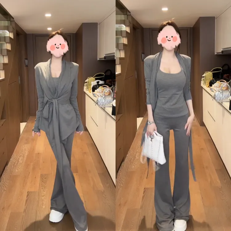 2025新款秋季穿搭慵懒风休闲时尚微喇裤开衫上衣吊带背心三件套女