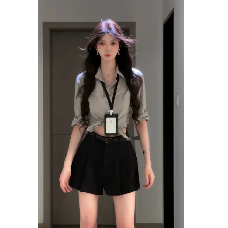 纯欲风长袖衬衫高级感通勤收腰显瘦百搭上衣气质高腰a字裙裤套装